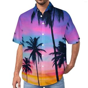 Chemises décontractées pour hommes Miami Sunset Shirt Palm Trees Print Beach Loose Hawaiian Funny Blouses Short Sleeves Graphic Vêtements surdimensionnés