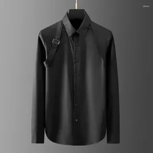 Chemises décontractées pour hommes Minglu Coton Mâle Luxe Boucle En Métal À Manches Longues Hommes Robe Mode Slim Fit Fête Couleur Unie Homme