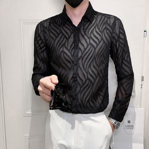 Camisas casuales para hombres Tallas grandes 4XL-M Moda Sexy Encaje transparente para hombres Ropa 2023 Slim Fit Prom Vestido de esmoquin Camisas De Hombre