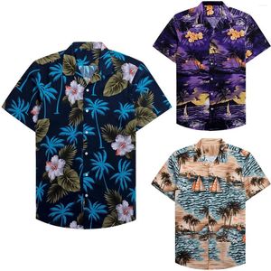 Camisas casuales para hombres Camisa con estampado costero Manga corta Puños Paquete de botones Tops largos para hombre Super Top Equipado T para hombres