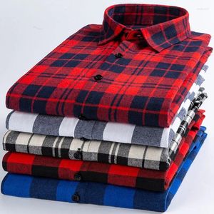 Camisas casuales para hombres primavera y otoño algodón camisa de manga larga cepillada rojo cuadro