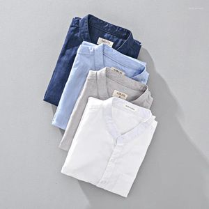 Camisas casuales para hombres lino de verano estilo chino stand collar manga larga color sólido blanco fino blanco tradicional blusas clásicas