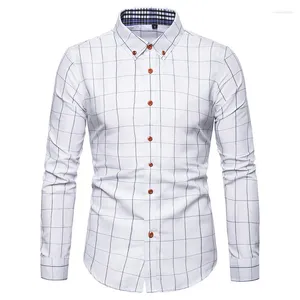 Camisas casuales para hombres Vestido a cuadros blanco para hombre Slim Fit Manga larga Botón abajo 2024 Moda Hombres Trabajo Camisa de marca de negocios Chemise Homme