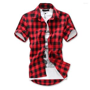 Camisas casuales para hombres Venta al por mayor- Moda Rojo Negro Azul Camisa a cuadros para hombre Manga corta Hombres Algodón a cuadros Causal Grid Silm Fit