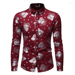 Hommes Chemises Décontractées Vin Rouge Discothèque Sliver Fleur Imprimé Chemise Hommes 2023 Marque Slim Fit À Manches Longues Boutonné Hommes Robe De Soirée