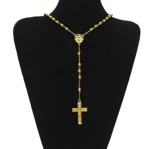 Bijoux religieux catholiques pour hommes, Style Hip Hop, couleur or, collier de perles en acier inoxydable, croix de jésus, chapelet, chaîne 279u