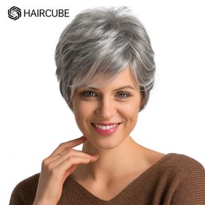 Perruques pour enfants pour hommes HAIRCUBE Perruque de cheveux gris courts avec frange Silver Ash Pixie pour femmes Synthétique mélangé à haute température humaine 230807