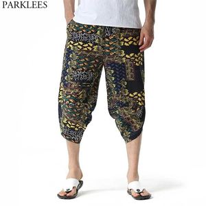 Pantalon décontracté de coton pour homme mode 3D print floral large jambe lâche bouchon harem pantalon élastique taille 3/4 Summer Beach Shorts 210522