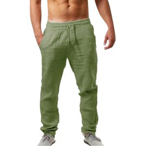 Pantalon en coton et lin pour hommes, taille élastique, respirant, couleur unie, Fitness, Streetwear, décontracté, Boho