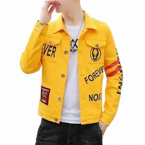 Veste en jean pour hommes Jaune Court Casual Slim Mâle Jean Manteaux avec Impression Punk Esthétique Taille L Pas Cher Prix Élégant Conseil Nouveau En V9N4 #