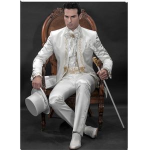 Costume de créateur pour hommes, costume de marié blanc, dentelle dorée brodée, personnalisé (veste + pantalon + ceinture)