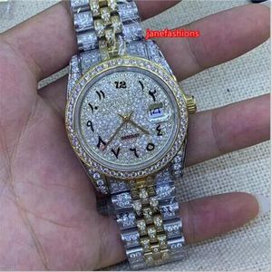 Relógio masculino com diamantes da moda Bi-Dourado Diamante Pulseira de aço inoxidável Relógios boutique Escala árabe Automático Mecânico2628