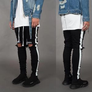 Jeans en détresse pour hommes, trous de rue, pantalons en Denim à rayures blanches, pantalon crayon de Skateboard Hip hop