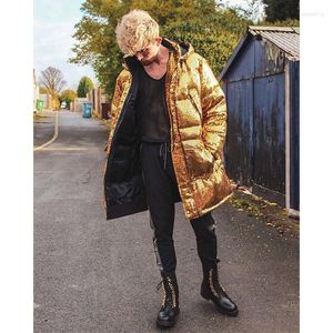 Hommes Down Boy Man Full Sequins Hologram Fashion Chic Luxury Golden Color Winter Hooded Jacket Laser Symphony Glitter Sparkling Coat