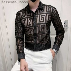 Men's Dress Shirts Autumn New Sexy Transparent Lace Shirt Men Clothing Simple All Match Slim Fit Long Sleeve Club/Prom Tuxedo Chemise Homme 4XL L230921