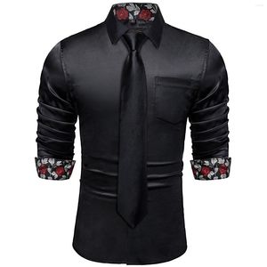 Chemises habillées pour hommes Noir Floral Designer Stretch Satin Tuxedo Avec Cravates Fête De Mariage De Bal De Luxe À Manches Longues Top Shirt Hommes Vêtements