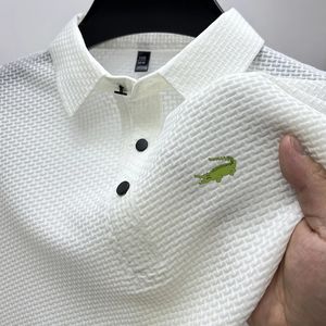 Marca de bordado de los hombres de alta calidad de punto de hielo fresco polo camisa de verano casual polo collar costilla transpirable top manga corta t-shir 240111
