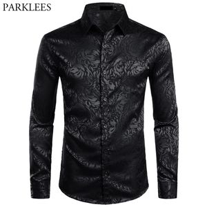 Camisas de vestir negras florales para hombres Camisas elegantes de manga larga Steampunk para hombres Party Club Bar Social Male Chemise Homme 210809