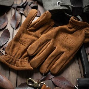 Gants en cuir véritable givré pour hommes Hommes Moto Riding Full Finger Hiver avec fourrure Vintage Brown Cowhide NR65 211026