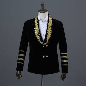 Veste de costume en velours à Double boutonnage pour hommes, broderie dorée, flambant neuf, col châle, Style militaire, Blazer de scène de fête masculin