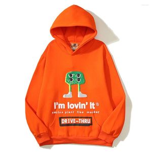 Sweats à capuche pour hommes Sweat à capuche orange en molleton Hommes Femmes Poche avant Dessin animé Imprimé Sweats pour hommes