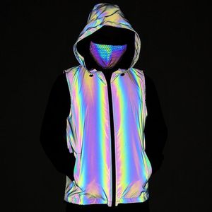 Sudaderas con capucha para hombre Sudaderas Chaleco reflectante colorido con capucha Hip Hop Hombres Chaqueta sin mangas Seguridad nocturna Reflejar la luz Ciclismo Caminar Cintura