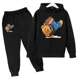 Sudaderas con capucha para hombre, conjunto con capucha para niños, pantalones superiores de algodón, conjuntos de 2 uds, ropa para niños de primavera/otoño, baile callejero, estampado de oso de dibujos animados, Tops para niños y niñasL231003