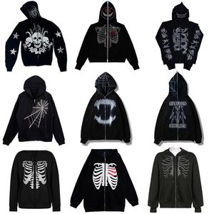 Sweats à capuche masculine Sweatshirts Spider Spider Web Skeleton Imprimé noir Y2k Goth Long-Sleeve Full Zip Hoodies Veste surdimensionnée American Fashion - Sell