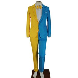Costumes de couleur patchwork irrégulier jaune bleu pour hommes Clown magicien Performance scène 2 pièces tenues blazers pantalons ensemble banquet fête de mariage hôte smoking costume
