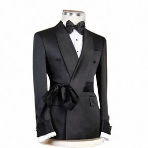 Chaqueta de los hombres Cinturón negro Mantón de la solapa Slim Fit Ropa de doble botonadura Traje de padrinos de boda Nuevo Fi Busin Boda Tuxedo Blazer A4Sr #