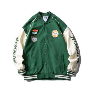 Chaquetas para hombres 2021 Moda Verde Varsity Chaqueta Hombres Japonés Streetwear Abrigo Mujeres de gran tamaño Colorblock Raglan Manga Hombre Béisbol