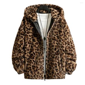 Chaquetas para hombre, abrigo para hombre con estampado de leopardo, manga larga, cierre de cremallera, chaqueta con capucha de felpa de doble cara gruesa para invierno, prendas de vestir exteriores