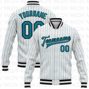 Vestes pour hommes Custom White Teal Pinstripe Teal-Black Bomber Full-Snap Varsity Letterman Jacket Baseball Button Jacket 230731