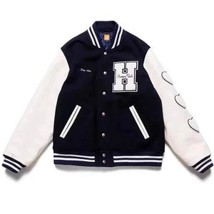 Chaquetas para hombres H Letra Béisbol Varsity Chaqueta Hombres Oversize Mujeres Abrigos Manga de cuero Azul marino Corazón Flock Vintage Baggy Jaqueta Masculina 231211