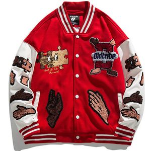 Chaquetas para hombre High Street Baseball Men Patchwork Furry Hand Letter Bordado Varsity Jacket Harajuku Casual Loose Red Coat Streetwear 230803