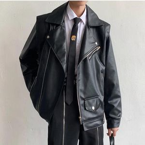 Vestes pour hommes Hight Street Hommes Veste en cuir Épaulière Revers Manches longues Fermeture à glissière Lâche Streetwear Mâle Premium Punk Moto