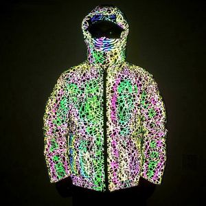 Chaquetas para hombre Hip Hop Line reflectante con capucha para hombre Parkas gruesas cortavientos fluorescente ropa de calle cálida Harajuku abrigo prendas de vestir 230130