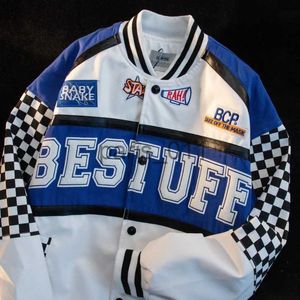 Chaquetas para hombres Kkyesiou American Vintage PU Chaqueta de motocicleta de cuero Chaqueta de béisbol BF a cuadros con contraste azul Klein para hombres y mujeres 2022 x1016