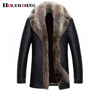 Vestes pour hommes M-5XL Holyrising véritable col de fourrure de raton laveur hommes vestes en simili cuir hiver épaissir manteau jaqueta de couro chaqueta hommes cuir PU 231115