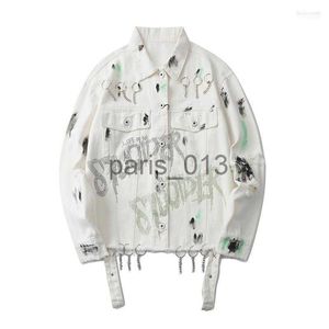 Men's Jackets Vestes pour hommes Punk blanc déchiré Denim veste manteau 2022 Hip Hop Streetwear Couple détruit lettre imprimé strass mode Rock Jeans x0913 x0913