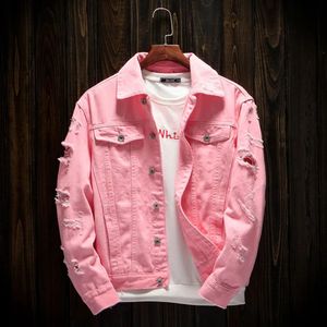 Chaquetas para hombres Chaqueta vaquera rosa para hombre, chaqueta vaquera, chaqueta con agujeros para otoño para hombre, chaqueta vaquera ultrafina con lágrima para hombre 231129