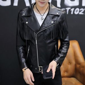 Chaquetas de los hombres Motocicleta Pu Chaqueta de cuero Hombres Moda Slim Fit Borla Abrigo casual Estilo punk Otoño Cremallera Negro Hombre Prendas de abrigo M-3XLMen's