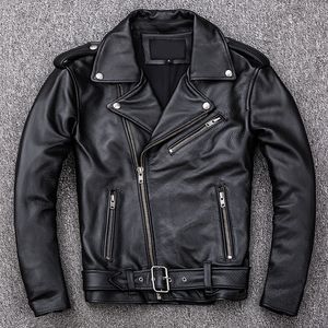 Chaquetas para hombres Primavera Clásica Motocicleta Cremallera oblicua Hombres Cuero Piel de becerro natural Grueso Cuero de vaca delgado Moto Biker Hombre 230314