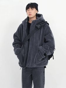 Chaquetas para hombres Chaqueta Sherpa gris oscuro de gran tamaño gruesa y cálida de invierno para hombre con capucha con cremallera y abrigo de piel de cordero sintético informal suelto y esponjoso 231206