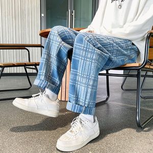 Pantalones vaqueros para hombre 2023 otoño a cuadros moda masculina Harajuku pantalones casuales hombres Streetwear sueltos de gran tamaño coreano Hip Hop pantalones de pierna ancha