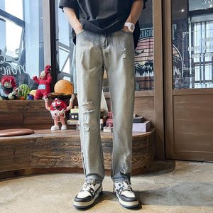 Jeans da uomo 2023 Summer Traforato Street Hip Hop Dance Leg Side Zipper Design Pantaloni dritti blu nero