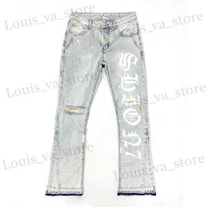 Jeans masculin American 100% coton hommes jeans évasé lettre imprimement ouvert pantalon denim lourd déchiré sur un pantalon mâle kn t240419