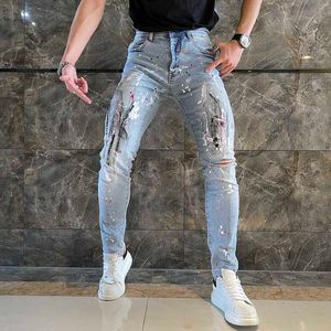 Jeans pour hommes marque de haute couture américaine splash jeans ins cravate peinte à la main teint rue graffiti trou slim fit Leggings pour hommes