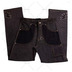 Jeans pour hommes style américain vintage patch cargo noir streetwear y2k mode teen vêtements décontractés