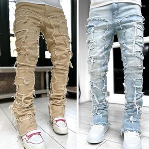 Jeans pour hommes automne solide mode taille moyenne patchwork pantalons longs mâle streetwise stretch patch pour hommes bas baggy vêtements